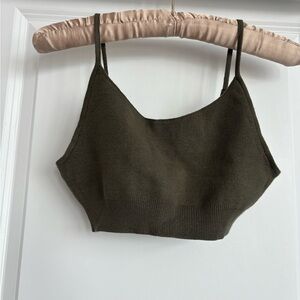 BNWOT. Ribbed-knit cropped cami in dark khaki green.